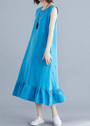 Elegant blue cotton clothes For Women o neck sleeveless A Line summer Dresses - bagstylebliss