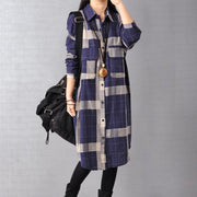 Elegant blue cotton dresses trendy plus size cotton maxi dress 2018 lapel collar plaid cotton dress