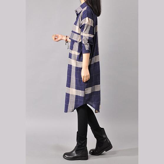 Elegant blue cotton dresses trendy plus size cotton maxi dress 2018 lapel collar plaid cotton dress