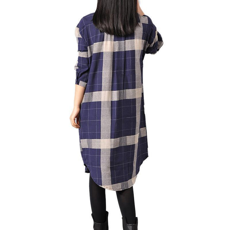 Elegant blue cotton dresses trendy plus size cotton maxi dress 2018 lapel collar plaid cotton dress