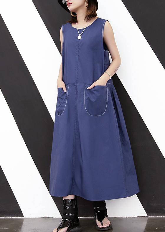 Elegant blue cotton o neck pockets loose Dress - bagstylebliss