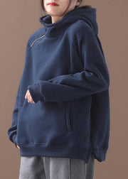 Elegant blue hooded cotton shirts zippered Plus Size Clothing winter tops - bagstylebliss