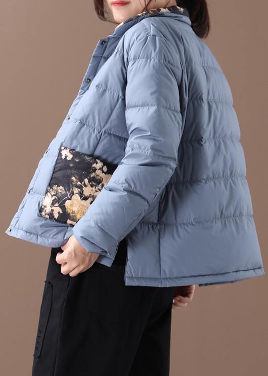 Elegant blue patchwork print warm winter coat plus size winter stand collar pockets overcoat - bagstylebliss
