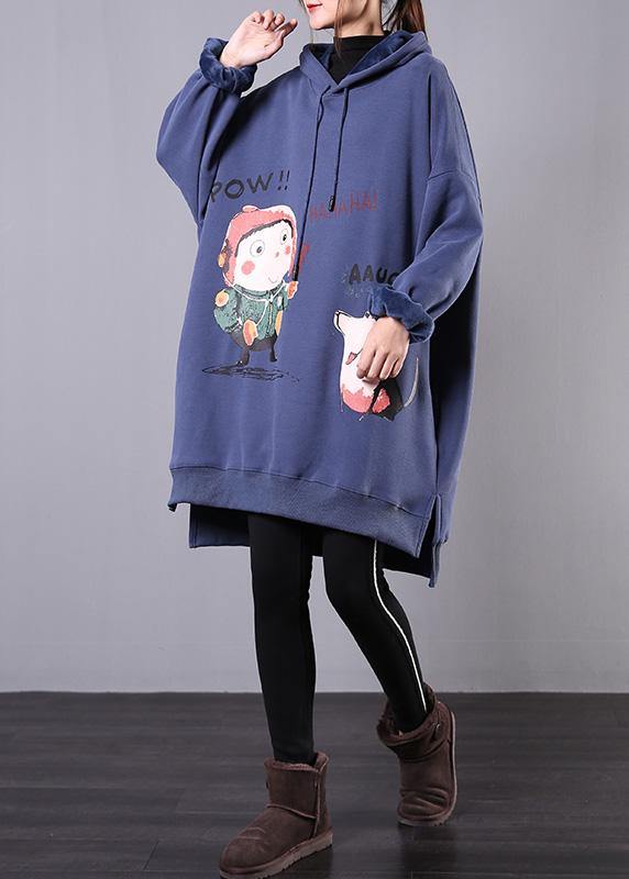 Elegant blue print cotton box top hooded drawstring fall blouse - bagstylebliss