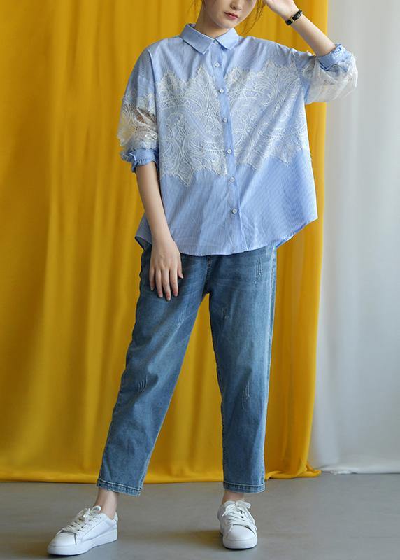 Elegant blue striped cotton Blouse lace patchwork silhouette fall shirt - bagstylebliss