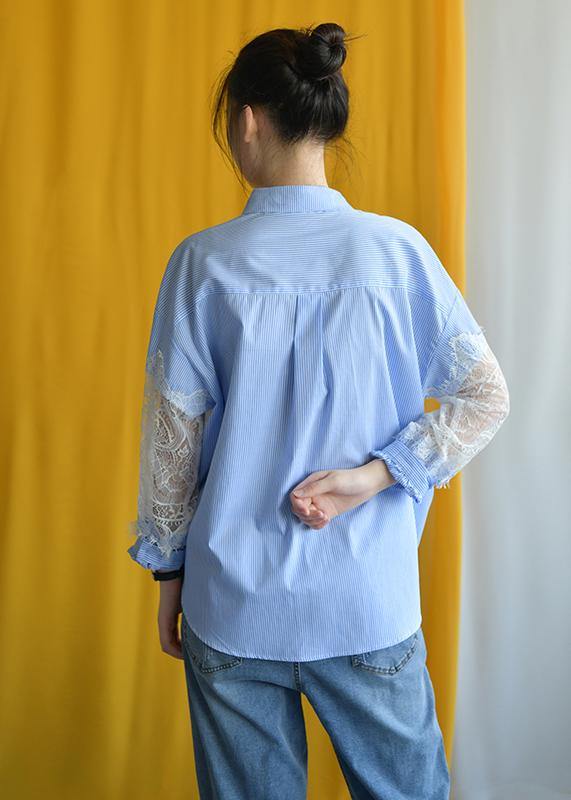 Elegant blue striped cotton Blouse lace patchwork silhouette fall shirt - bagstylebliss