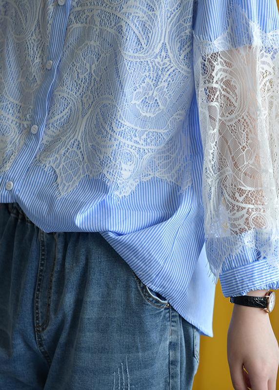 Elegant blue striped cotton Blouse lace patchwork silhouette fall shirt - bagstylebliss