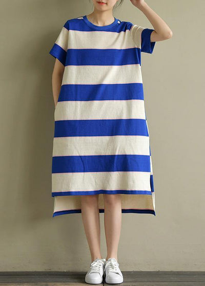 Elegant blue white striped Cotton dress o neck low high design baggy summer Dress - bagstylebliss