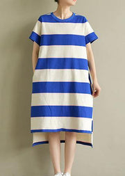 Elegant blue white striped Cotton dress o neck low high design baggy summer Dress - bagstylebliss
