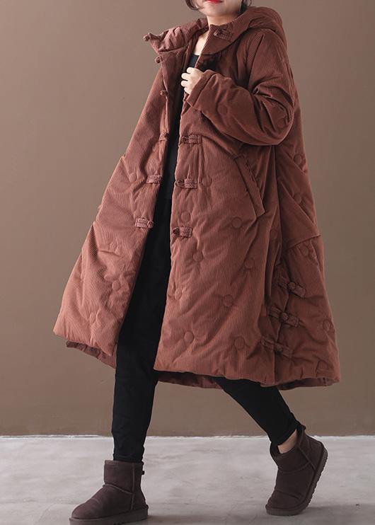 Elegant brown outwear trendy plus size warm winter coat Chinese Button hooded coats - bagstylebliss