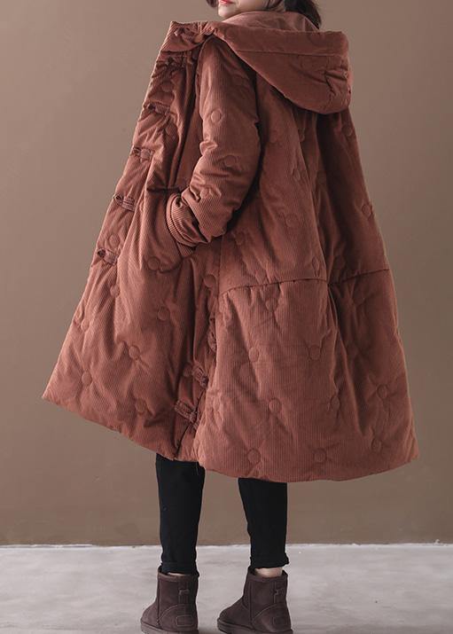 Elegant brown outwear trendy plus size warm winter coat Chinese Button hooded coats - bagstylebliss