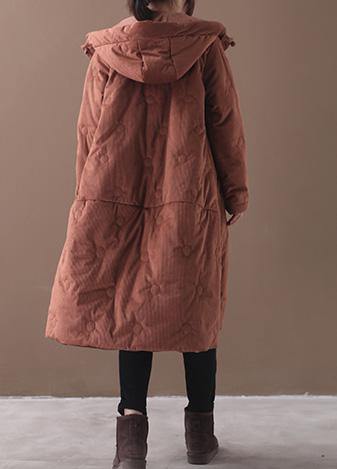 Elegant brown outwear trendy plus size warm winter coat Chinese Button hooded coats - bagstylebliss