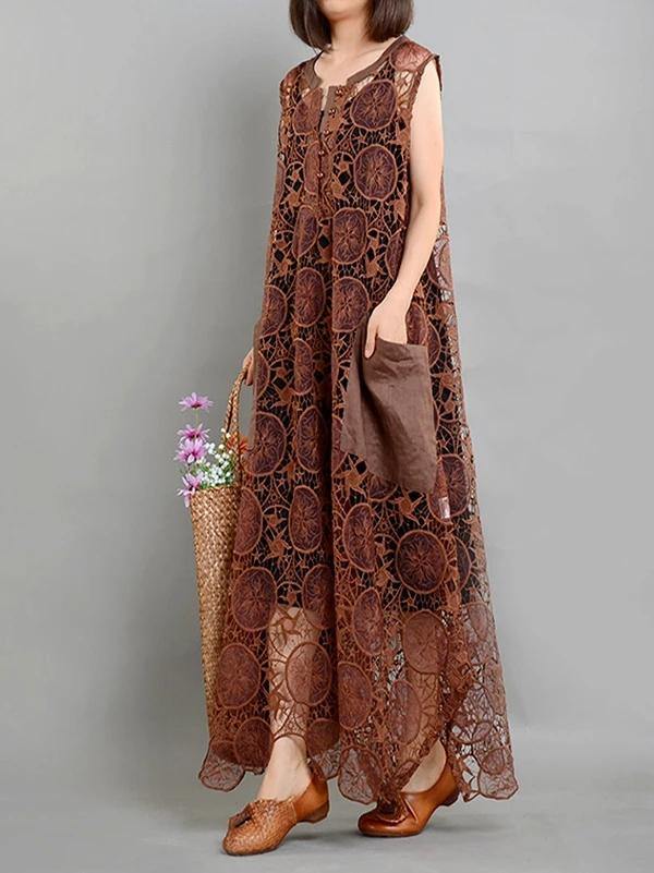 Elegant brown quilting dresses pockets asymmetric long summer Dresses - bagstylebliss