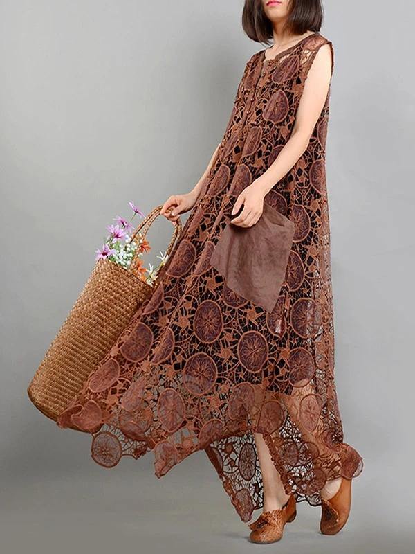 Elegant brown quilting dresses pockets asymmetric long summer Dresses - bagstylebliss