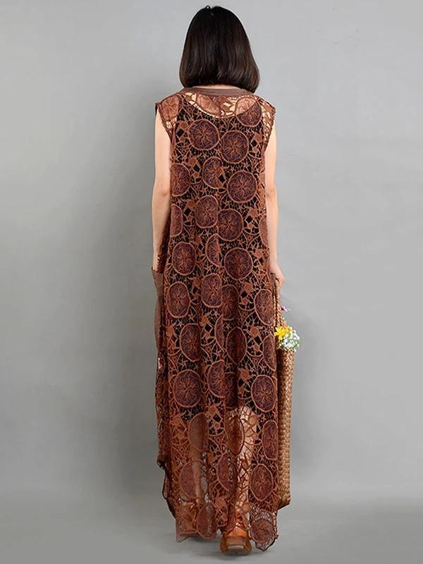 Elegant brown quilting dresses pockets asymmetric long summer Dresses - bagstylebliss