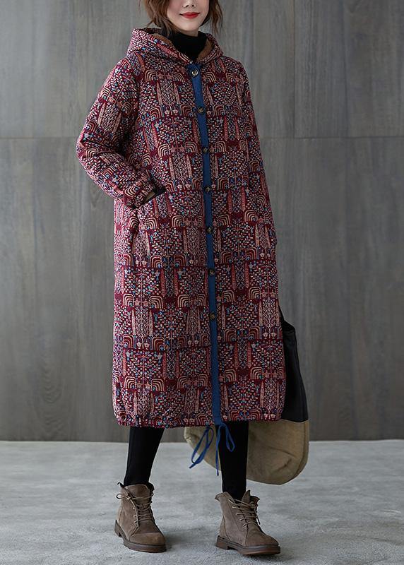 Elegant burgundy print overcoat plus size warm hooded drawstring winter coats - bagstylebliss