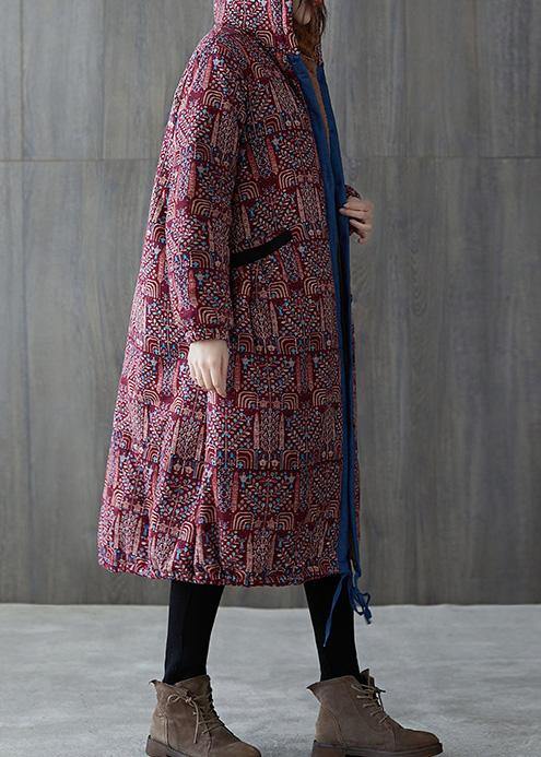 Elegant burgundy print overcoat plus size warm hooded drawstring winter coats - bagstylebliss