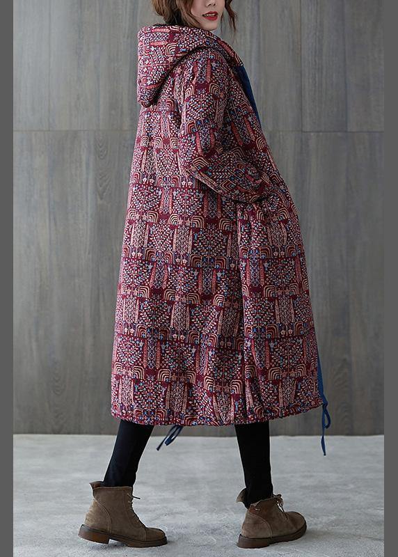 Elegant burgundy print overcoat plus size warm hooded drawstring winter coats - bagstylebliss