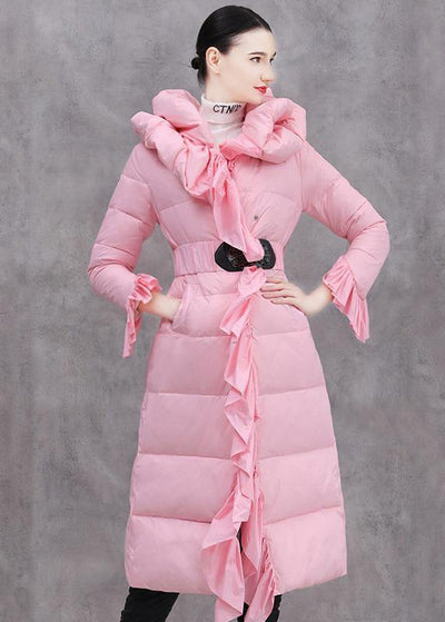 Elegant casual winter jacket ruffles Jackets pink tie waist duck down coat - bagstylebliss