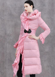 Elegant casual winter jacket ruffles Jackets pink tie waist duck down coat - bagstylebliss