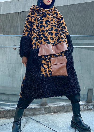 Elegant chocolate Leopard Woolen Coat Women winter coat hooded zippered coat - bagstylebliss