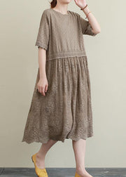 Elegant chocolate embroidery cotton Tunics patchwork hollow out Maxi Dress - bagstylebliss