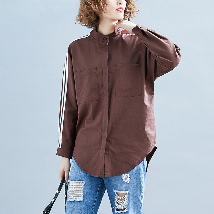 Elegant chocolate linen clothes For Women Organic Neckline long sleeve box patchwork striped top