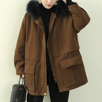 Elegant chocolate winter coats plus size clothing hooded faux fur collar outwear - bagstylebliss
