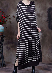 Elegant Chocolate drawstring Hooded Striped Knit Long Dresses Spring