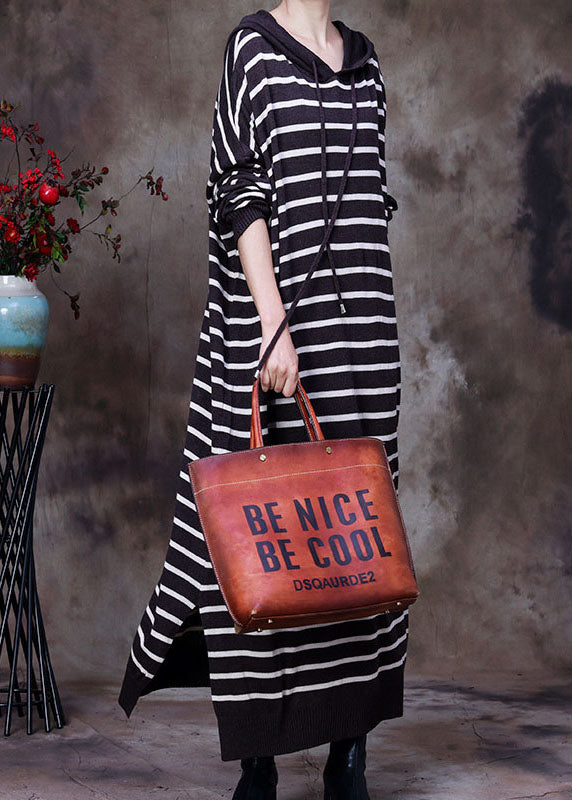 Elegant Chocolate drawstring Hooded Striped Knit Long Dresses Spring