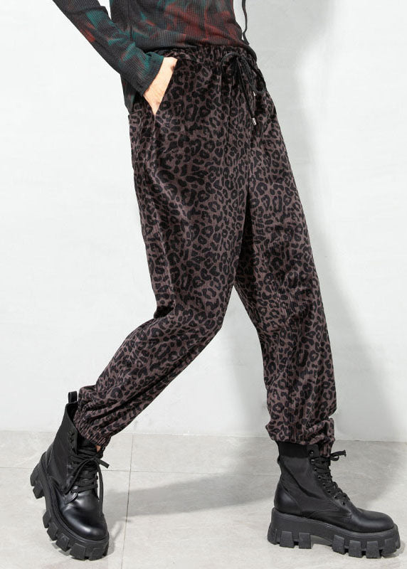 Elegant Chocolate drawstring Pockets Leopard Corduroy Pants Spring