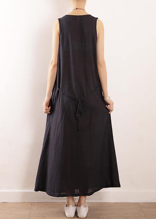 Elegant dark blue linen cotton Robes Fine Sewing Sleeveless drawstring Maxi Summer Dresses - bagstylebliss