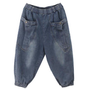 Elegant dark denim blue trousers  summer pockets Cotton shorts - bagstylebliss