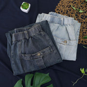 Elegant dark denim blue trousers  summer pockets Cotton shorts - bagstylebliss