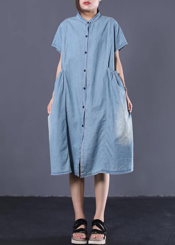 Elegant denim blue cotton clothes Women Cinched pockets long summer Dresses - bagstylebliss