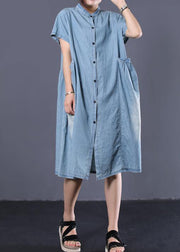 Elegant denim blue cotton clothes Women Cinched pockets long summer Dresses - bagstylebliss