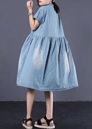 Elegant denim blue cotton clothes Women Cinched pockets long summer Dresses - bagstylebliss