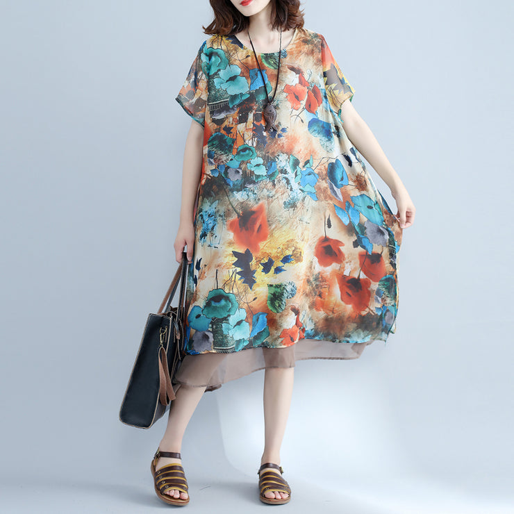 Elegant floral chiffon dress plus size holiday dresses 2018 short sleeve side open chiffon dress