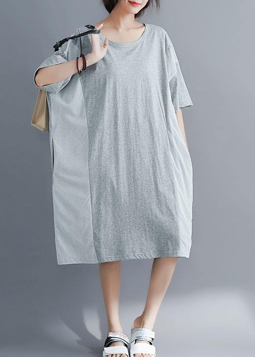 Elegant gray cotton Tunics o neck patchwork Maxi summer Dresses - bagstylebliss