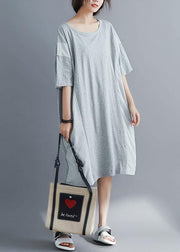 Elegant gray cotton Tunics o neck patchwork Maxi summer Dresses - bagstylebliss