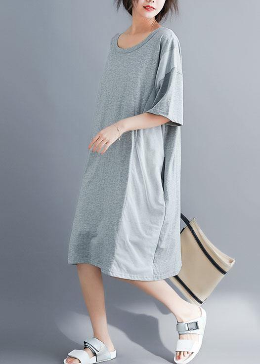 Elegant gray cotton Tunics o neck patchwork Maxi summer Dresses - bagstylebliss