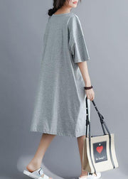 Elegant gray cotton Tunics o neck patchwork Maxi summer Dresses - bagstylebliss