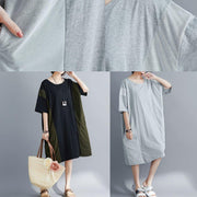 Elegant gray cotton Tunics o neck patchwork Maxi summer Dresses - bagstylebliss