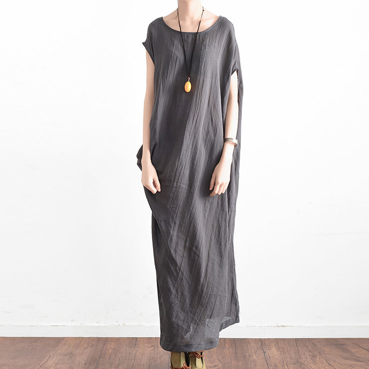 Elegant gray oversized summer linen dresses side drape asymmetrical cotton