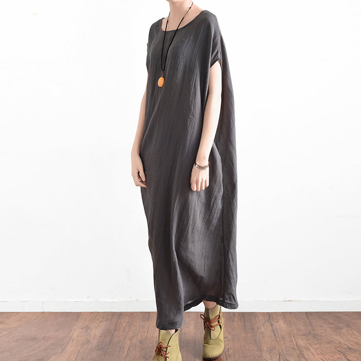 Elegant gray oversized summer linen dresses side drape asymmetrical cotton