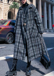 Elegant gray plaid Woolen Coat Women plus size Notched pockets long coats - bagstylebliss