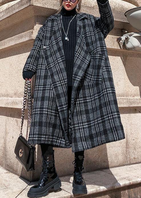 Elegant gray plaid Woolen Coat Women plus size Notched pockets long coats - bagstylebliss