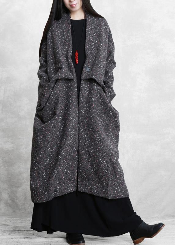 Elegant gray print woolen outwear oversized side open Winter coat - bagstylebliss