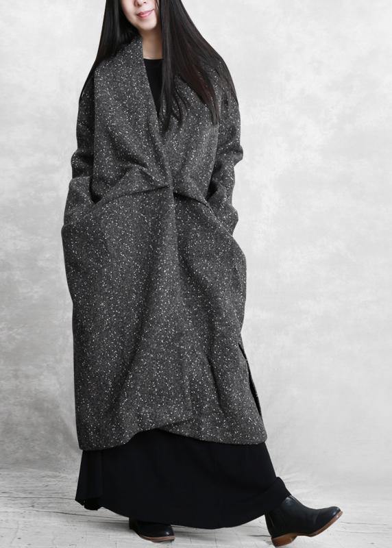 Elegant gray print woolen outwear oversized side open Winter coat - bagstylebliss