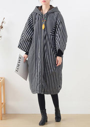 Elegant gray striped womens coats oversized winter hooded patchwork outwear - bagstylebliss